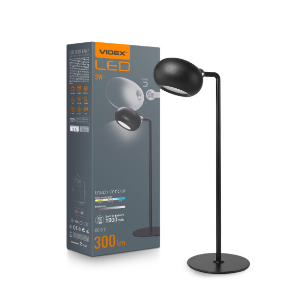 Wiederaufladbare LED-Schreibtischleuchte VIDEX 3W VLE-TF18B Schwarz