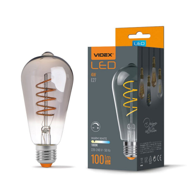LED Glühlampe VIDEX-E27-ST64-4W-1800K-FIL-DIM-SPIRAL-GRAPHITE