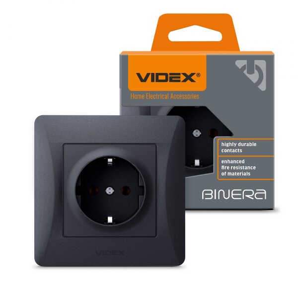 Schuko Steckdose 16A Graphitschwarz VIDEX BINERA (Set 1x Steckdose + 1x Rahmen 1fach)