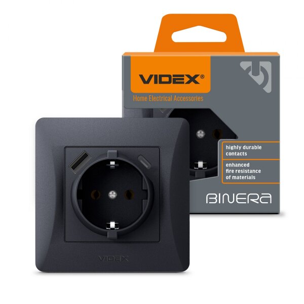 Schuko Steckdose 16A mit USB-Ladegerät Typ A und Typ C Graphitschwarz VIDEX BINERA (Set 1x Steckdose + 1x Rahmen 1fach)