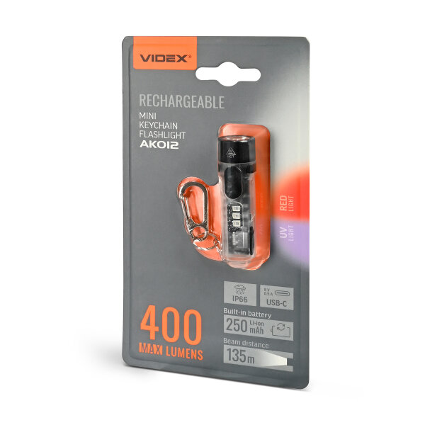 Wiederaufladbare Mini LED Taschenlampe VIDEX VLF-AK012 400Lm 5000K mit UV Rotlicht Schlüsselanhänger