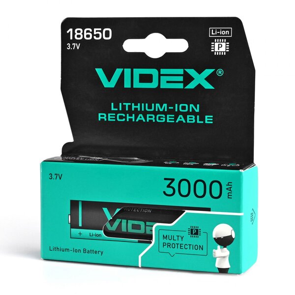 Wiederaufladbarer Akku Videx Li-Ion 18650-P mit Schutzschaltung 3000mAh 3,7V