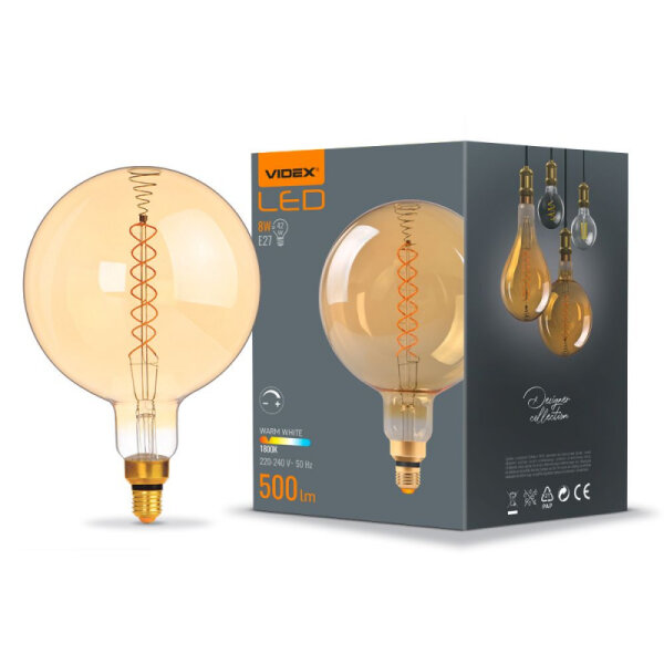LED Glühlampe VIDEX-E27-G200-8W-1800K-FIL-DIM-SPIRAL-AMBER